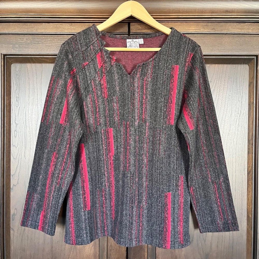 PARSELY & SAGE Women's M Tunic Top Structured Artsy Red Gray Details‎ Work Wear